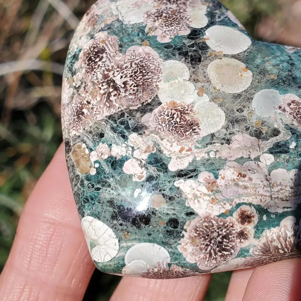 Green Rhyolite Cherry Blossom Puffy Heart Crystal Carving 96 grams